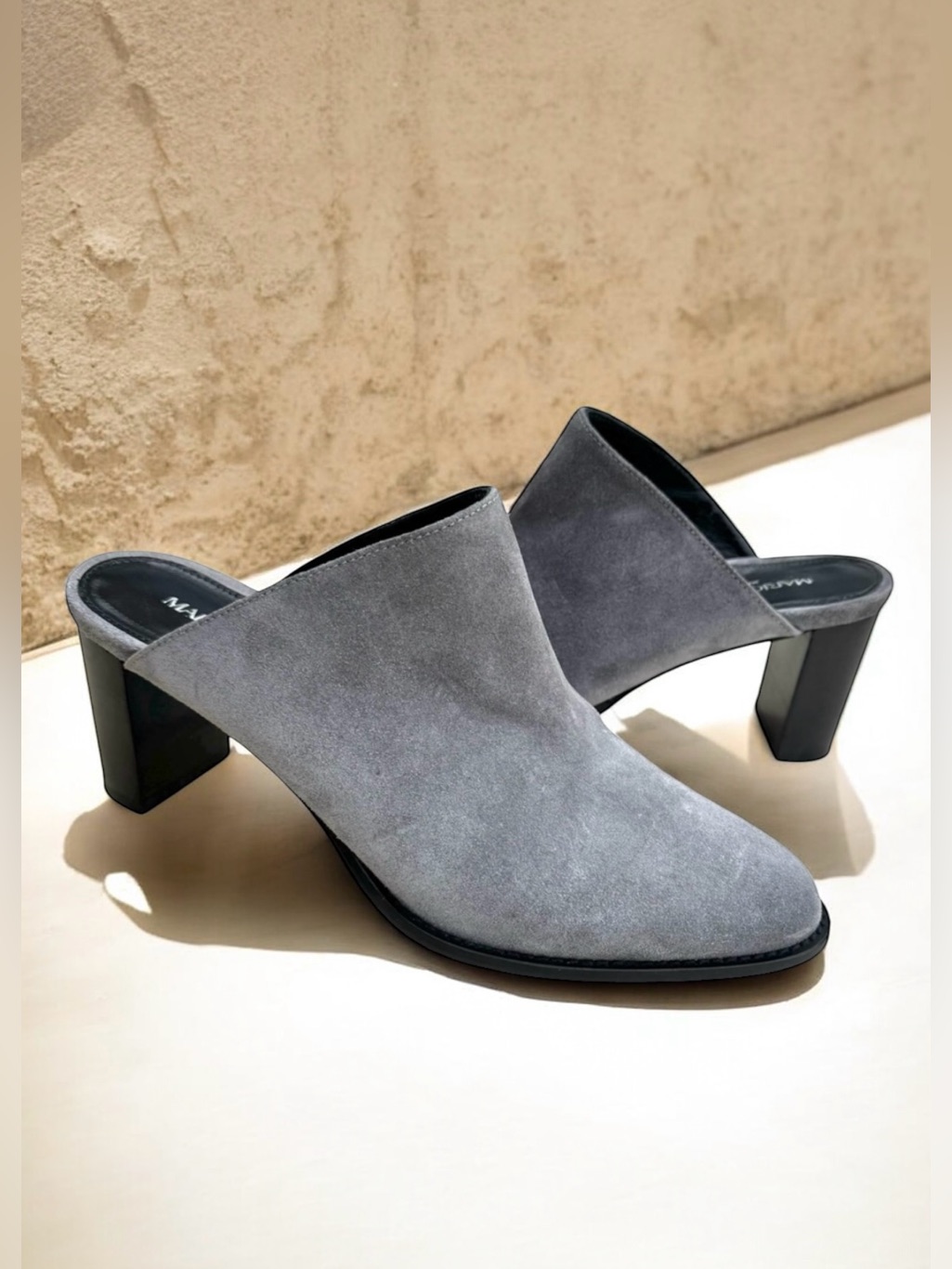 Marion Parke Carson Mules Gray Suede Block Heel